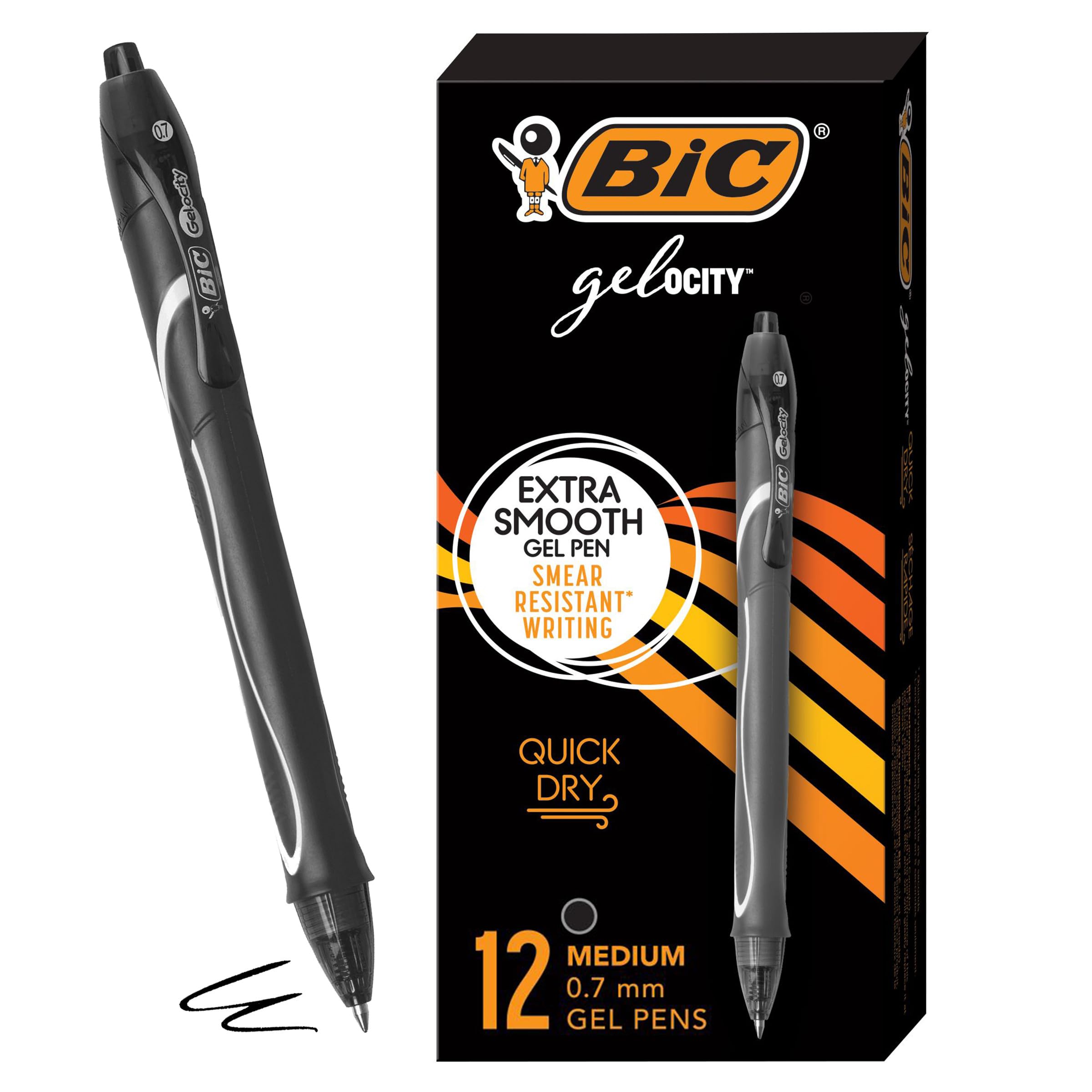 BIC Gelocity Quick Dry Black Gel Pens, Medium Point, 0.7 mm, 12-Count