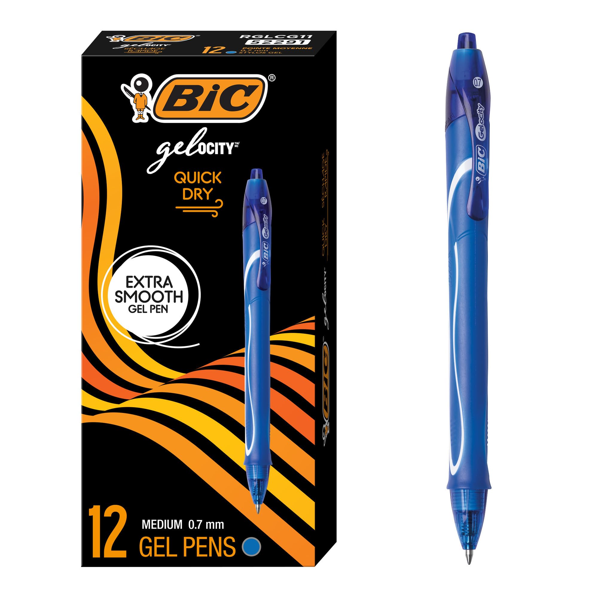 BIC Gelocity Quick Dry Blue Gel Pens, Medium Point, 0.7 mm, 12-Count Pack