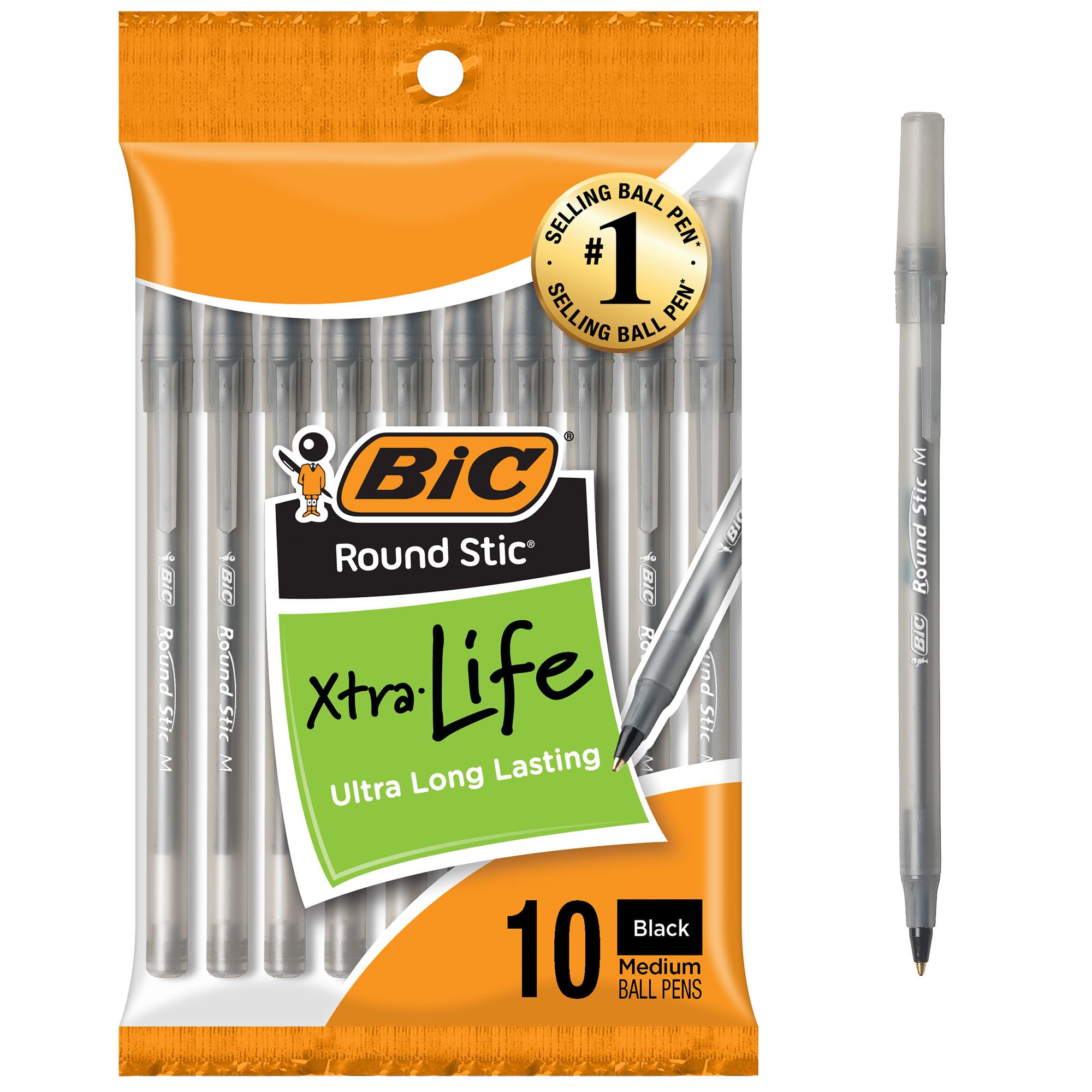 BIC Round Stic Black Ballpoint Pens, Medium Point, 1.0mm, 10-Count