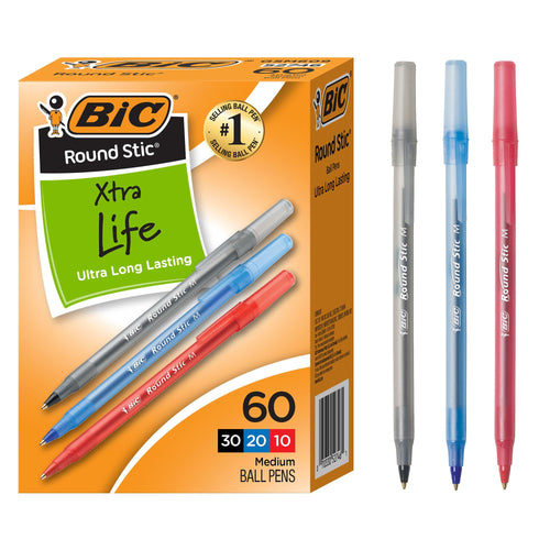 BIC Round Stic Xtra Life Assorted Ink Ballpoint Pens, 60-Count, 1.0mm