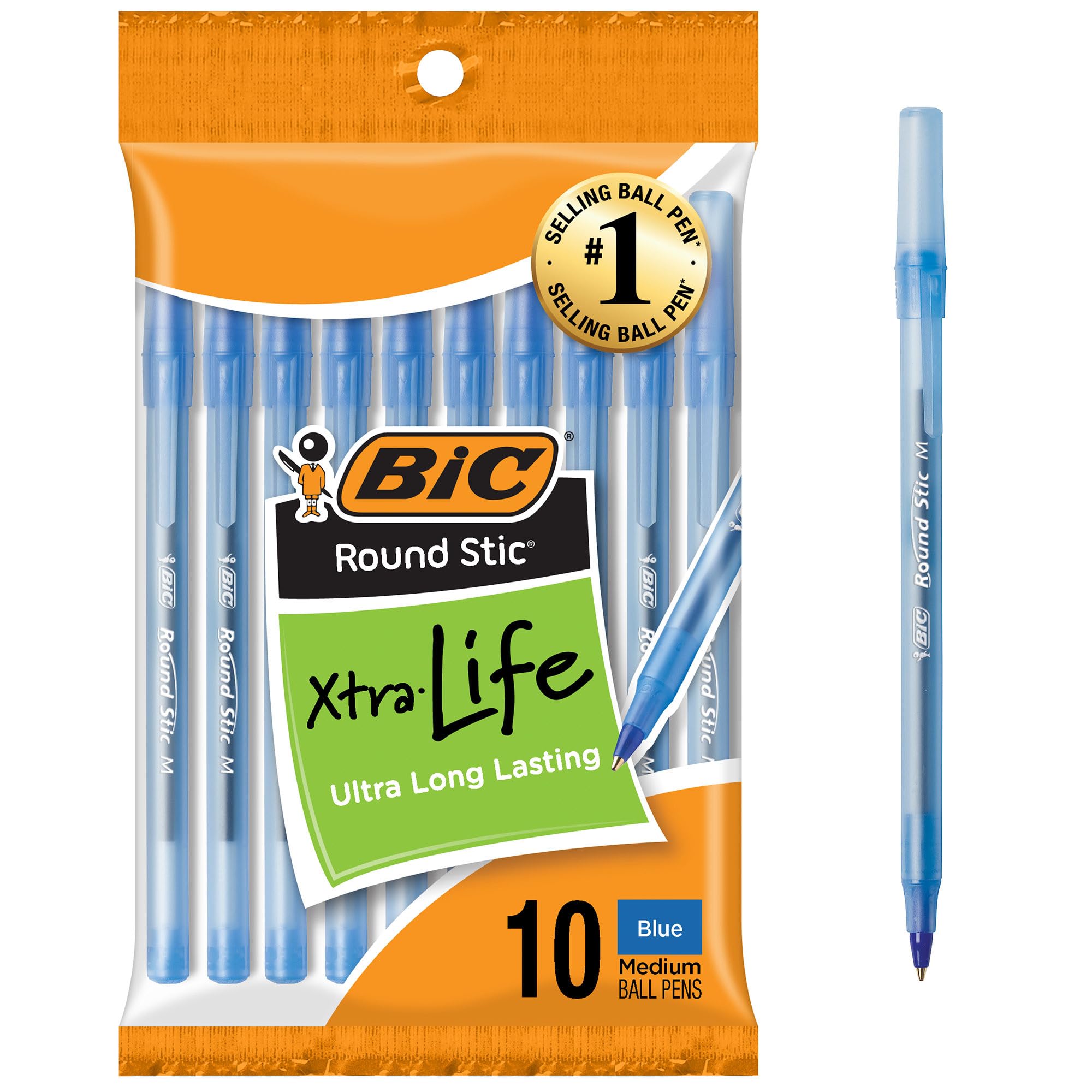 BIC Round Stic Xtra Life Blue Ballpoint Pens, 10-Count Pack, 1.0mm